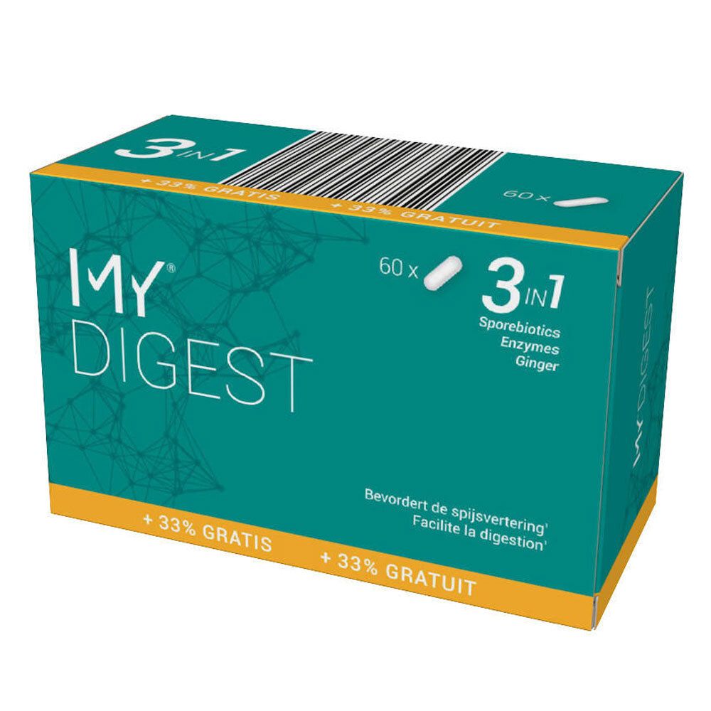 Boîte verte "MY DIGEST". Contient 60 gélules. Inscription : 3 en 1, probiotiques, enzymes, gingembre. +33% gratuit.