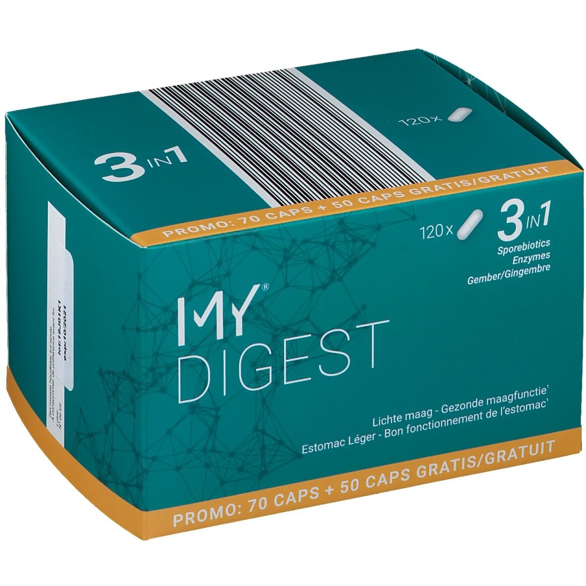 Boîte "MY DIGEST". Formule 3 en 1, 120 gélules. Inscription : "PROMO : 70 CAPS + 50 CAPS GRATIS/GRATUIT".