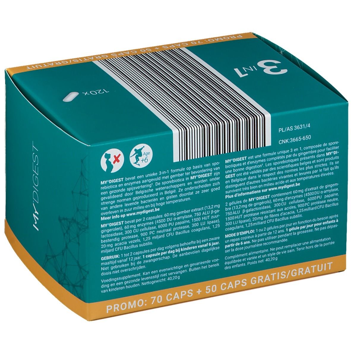 Boîte "MY DIGEST". Formule 3 en 1, 120 gélules. Texte et informations. Inscription : "PROMO : 70 CAPS + 50 CAPS GRATIS/GRATUIT".