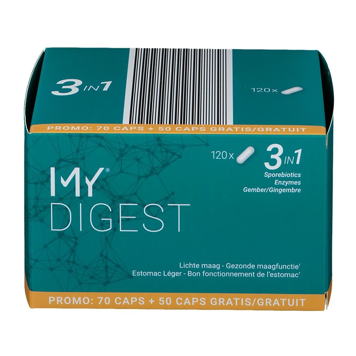 Boîte "MY DIGEST". Formule 3 en 1, 120 gélules. Inscription : "PROMO : 70 CAPS + 50 CAPS GRATIS/GRATUIT".