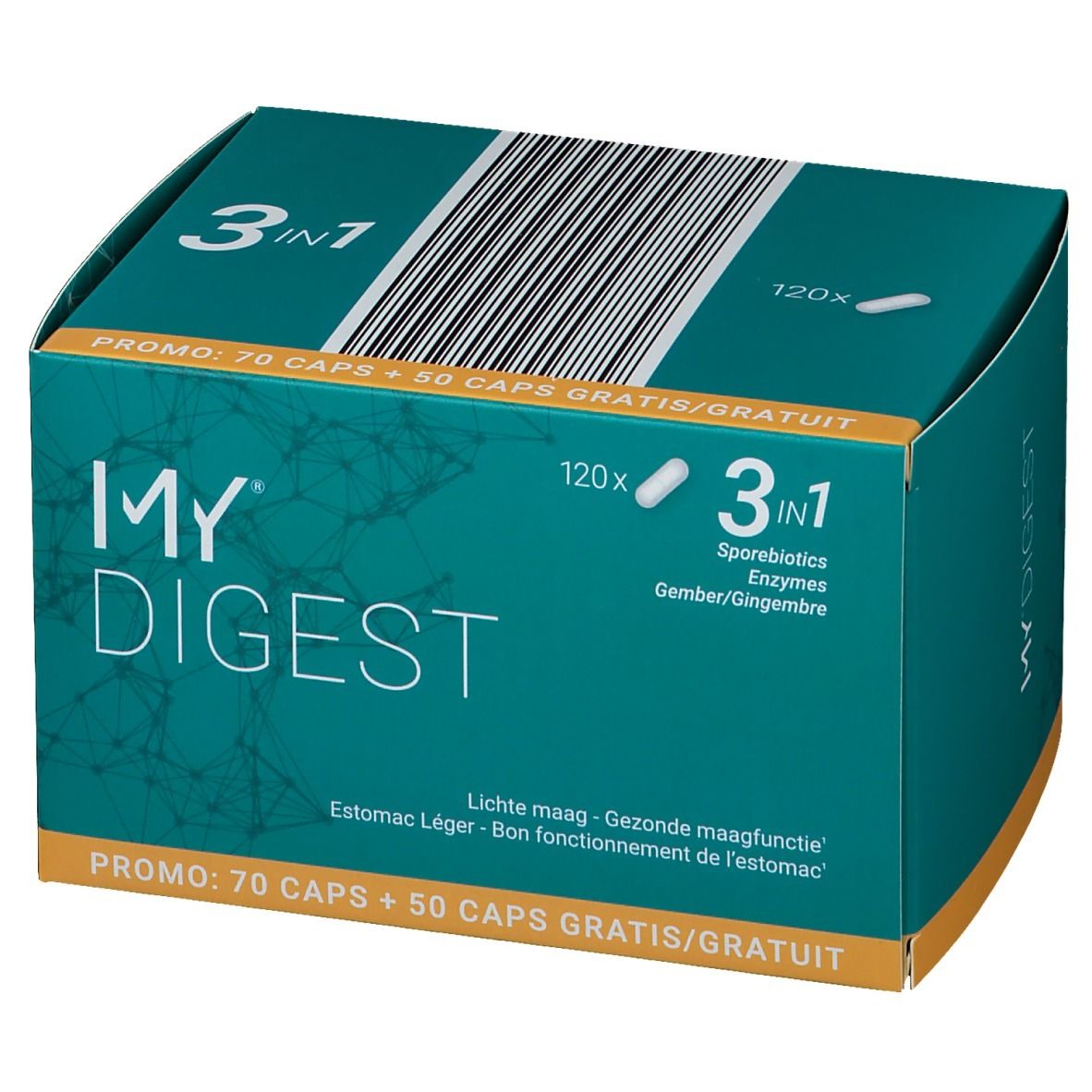 Boîte "MY DIGEST". Formule 3 en 1, 120 gélules. Inscription : "PROMO : 70 CAPS + 50 CAPS GRATIS/GRATUIT".