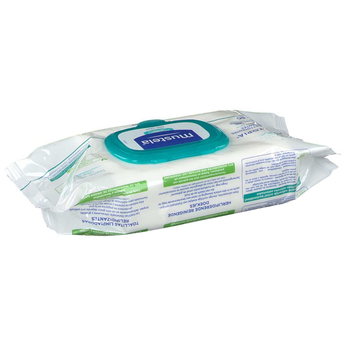 Paquet de lingettes nettoyantes. Emballage blanc avec couvercle bleu et logo de la marque. Texte : 'Stelatopia'.