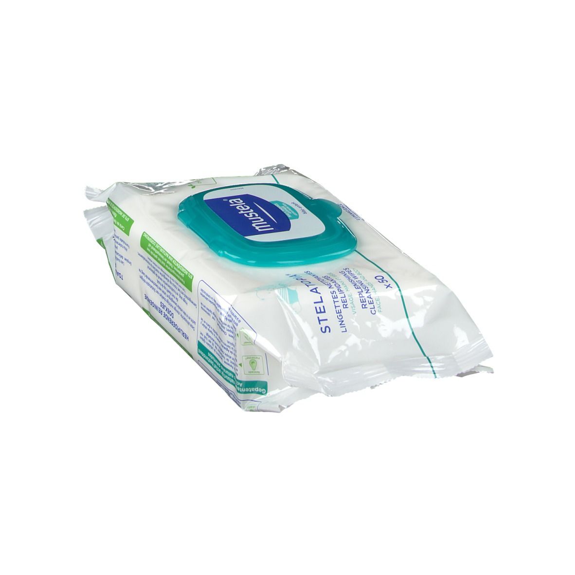 Paquet de lingettes nettoyantes. Emballage blanc avec couvercle bleu et logo de la marque. Texte : 'Stelatopia'.