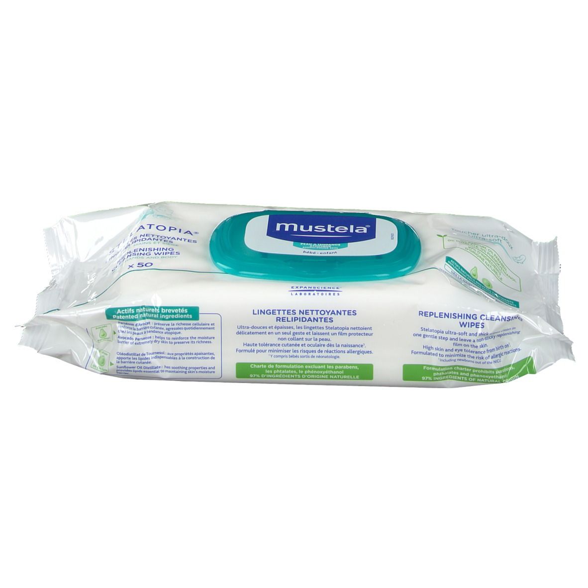 Paquet de lingettes nettoyantes. Emballage blanc avec couvercle bleu et logo de la marque. Texte : 'Stelatopia'.