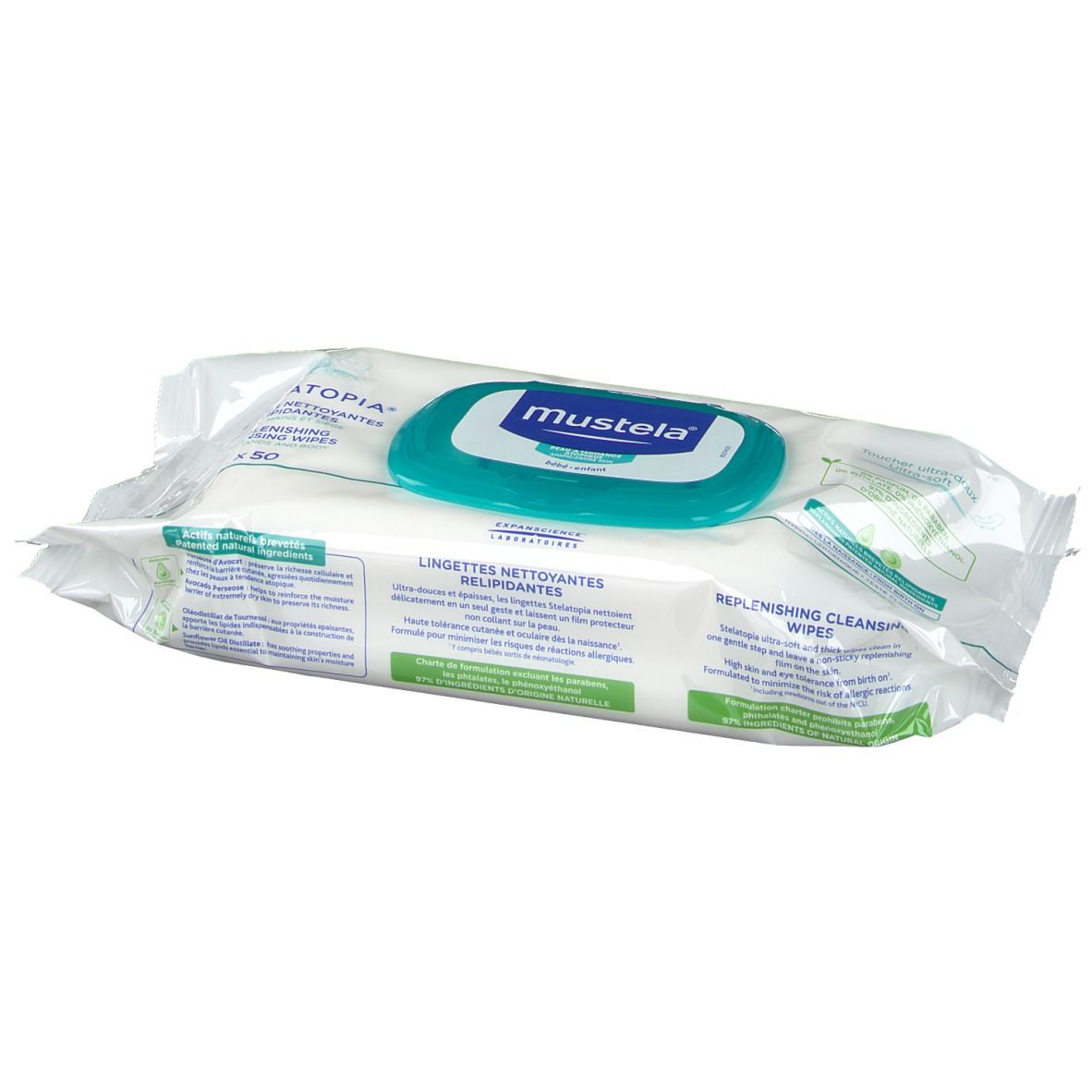 Paquet de lingettes nettoyantes. Emballage blanc avec couvercle bleu et logo de la marque. Texte : 'Stelatopia'.