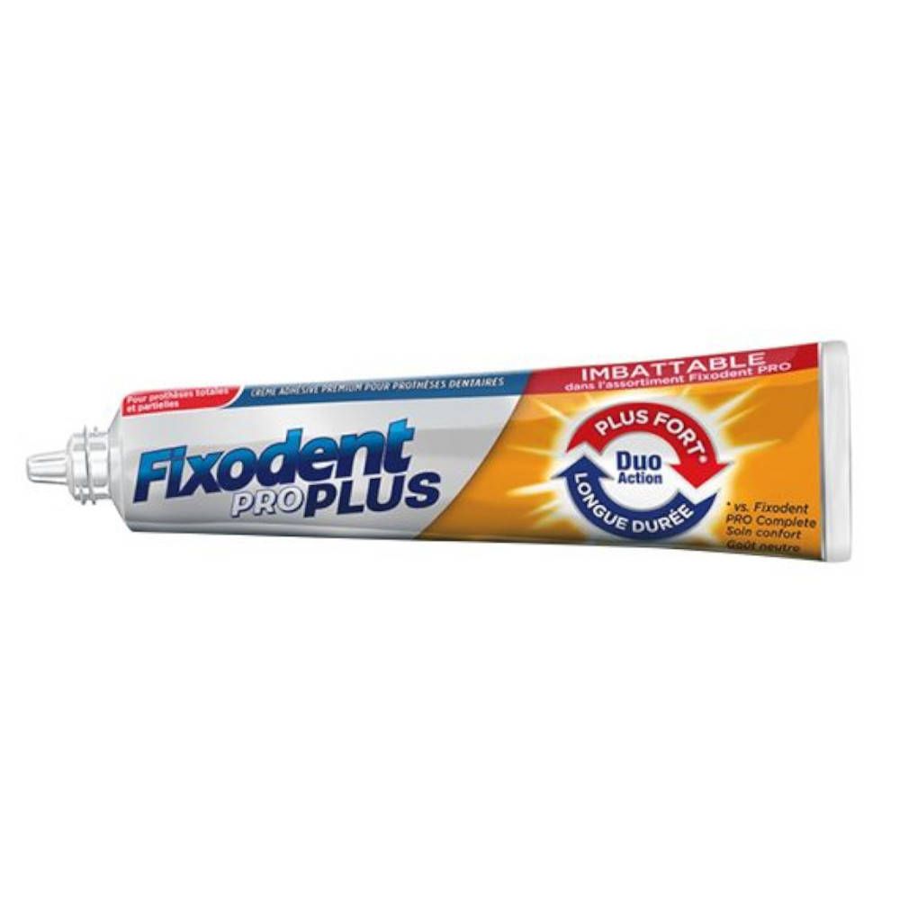 Tube Fixodent Pro Plus. Blanc, bleu, jaune et rouge. Texte : Plus fort, Longue durée, Duo Action. Produit de soins bucco-dentaires.
