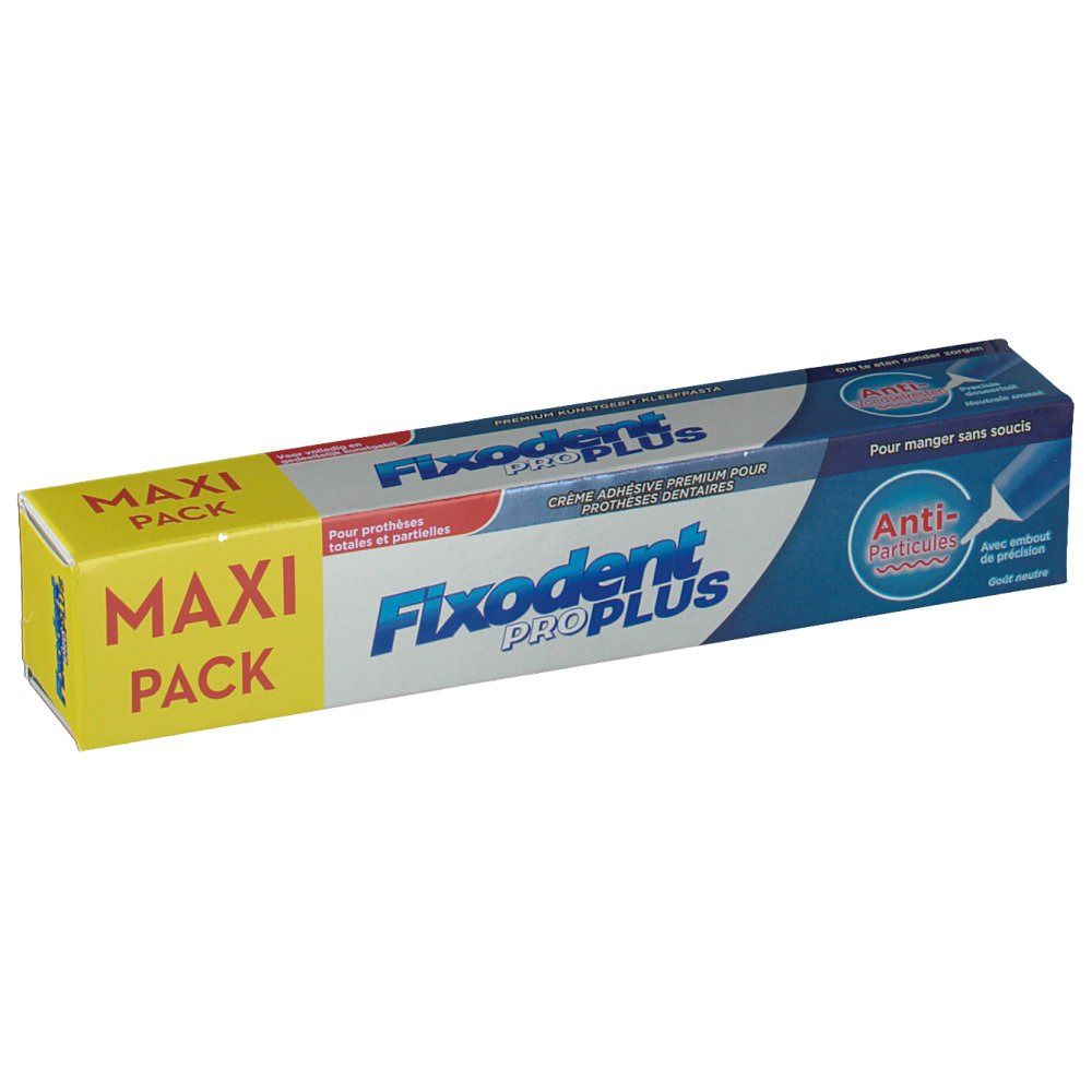 Emballage Fixodent Pro Plus. Boîte jaune et bleue avec nom du produit et texte. "Maxi Pack" sur le côté.