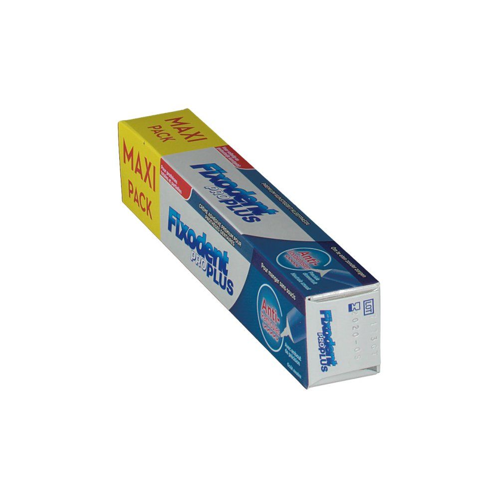 Boîte Fixodent Pro Plus en biais. Couleurs jaune et bleu. Nom du produit et texte clairement visibles.