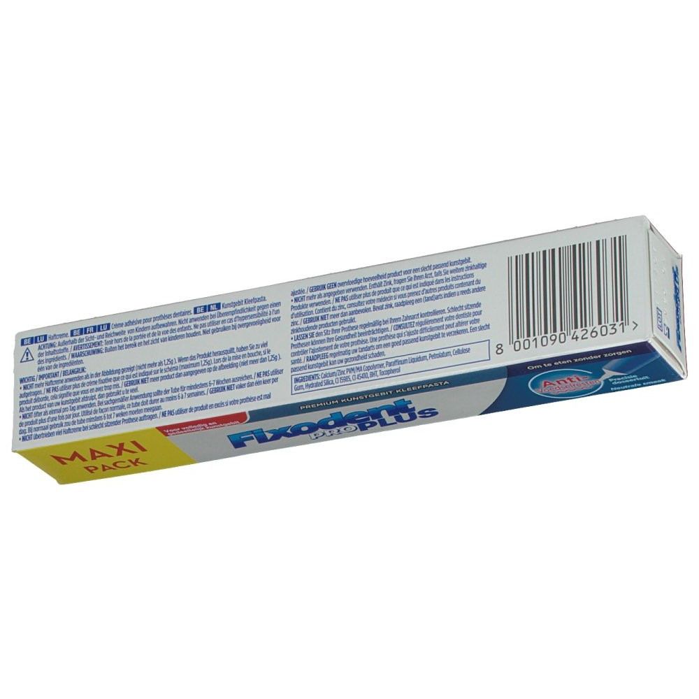 Dos de l'emballage Fixodent Pro Plus. Texte et code-barres. Couleurs jaune et bleu.
