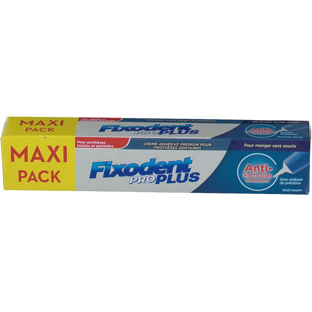 Emballage Fixodent Pro Plus. Boîte jaune et bleue avec nom du produit et texte. "Maxi Pack" sur le côté.