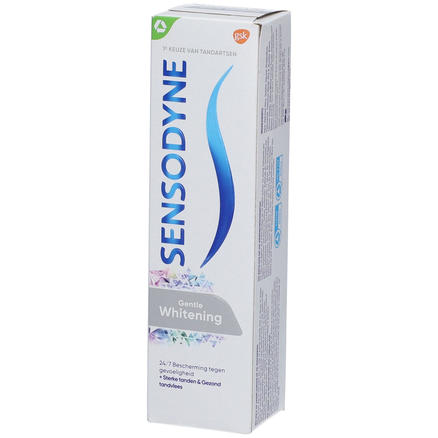 Emballage de dentifrice blanc avec un trait bleu. Inscription SENSODYNE, Gentle Whitening. Texte en plusieurs langues.