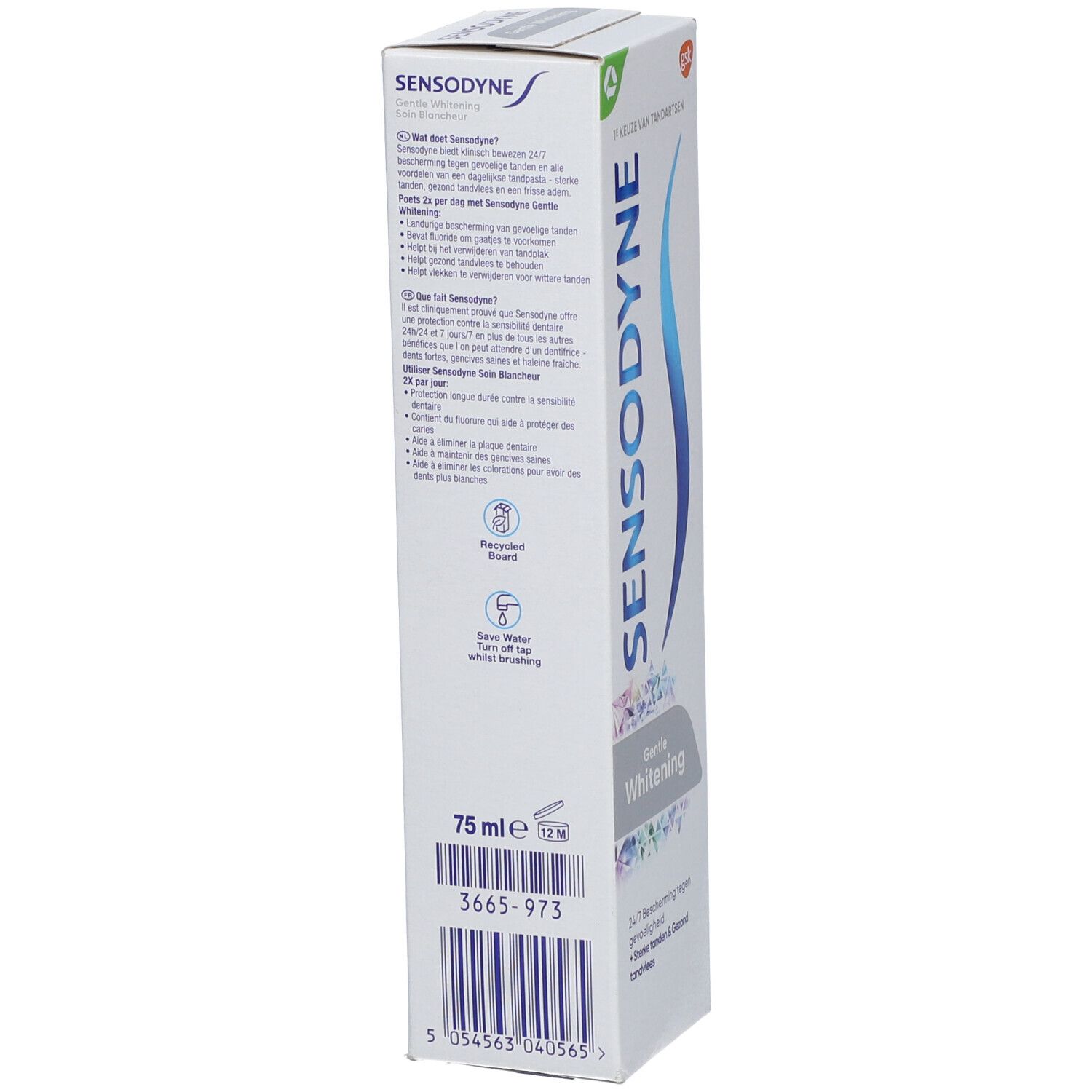 Emballage de dentifrice blanc avec un trait bleu. Inscription SENSODYNE, Gentle Whitening. Volume 75 ml.