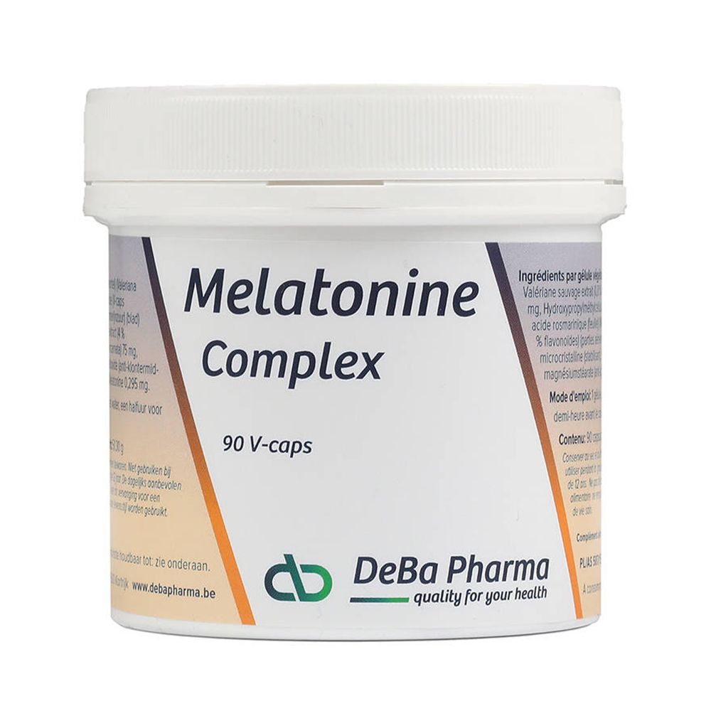 Witte pot met opschrift 'Melatonine Complex' en logo DeBa Pharma. Bevat 90 V-capsules.