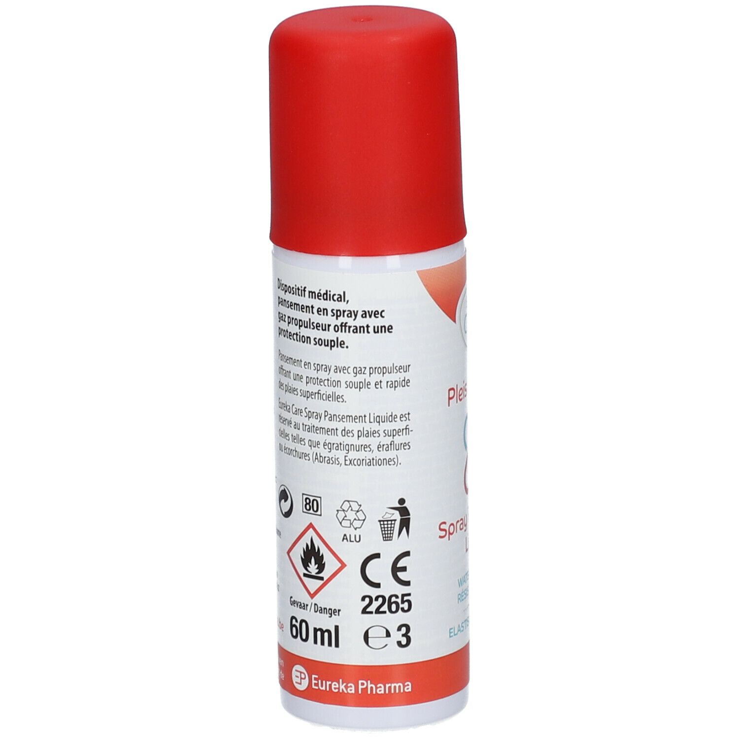 Dos du flacon de pansement spray. Inscription: 60 ml, marquage CE, avertissements, symbole de recyclage.