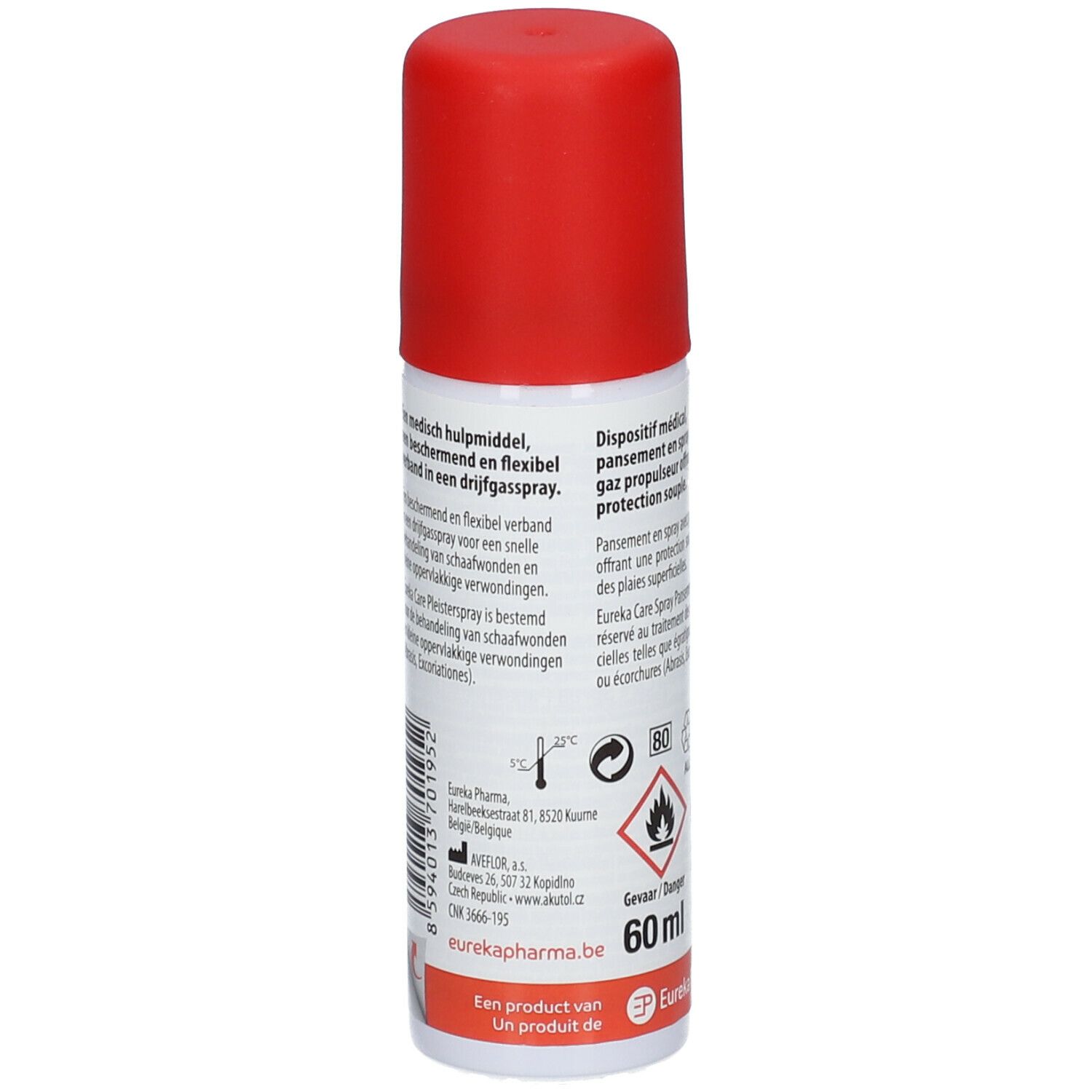 Dos du flacon de pansement spray. Inscription: 60 ml, avertissements, adresse du fabricant, symbole de recyclage.
