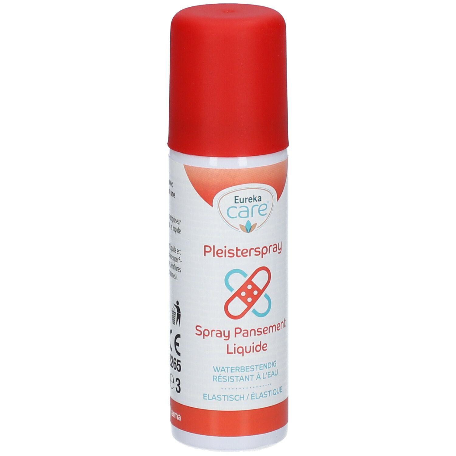 Flacon de pansement spray avec bouchon rouge. Inscription: Eureka care, Pleisterspray, Spray Pansement Liquide.