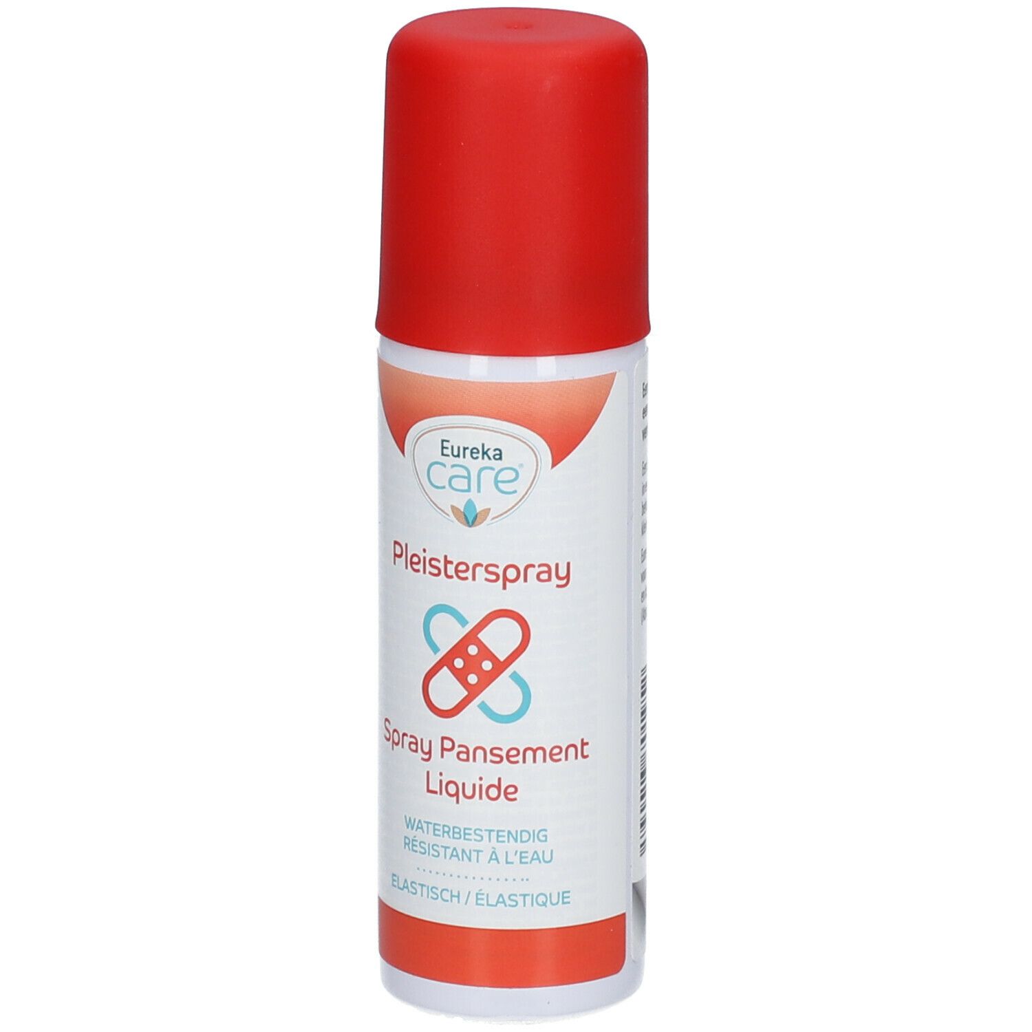Flacon de pansement spray avec bouchon rouge. Inscription: Eureka care, Pleisterspray, Spray Pansement Liquide.