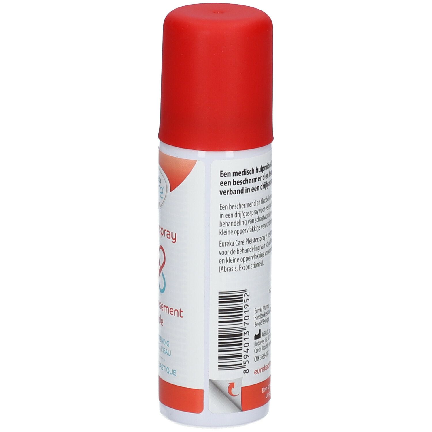 Dos du flacon de pansement spray. Inscription: 60 ml, avertissements, code-barres, informations fabricant.