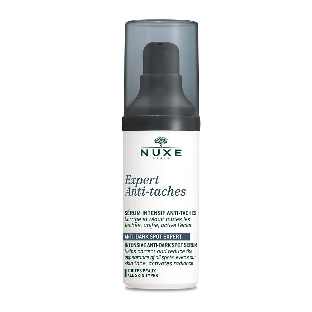 Sérum Nuxe Expert Anti-taches. Flacon blanc avec bouchon et pompe noirs. Texte du produit visible.
