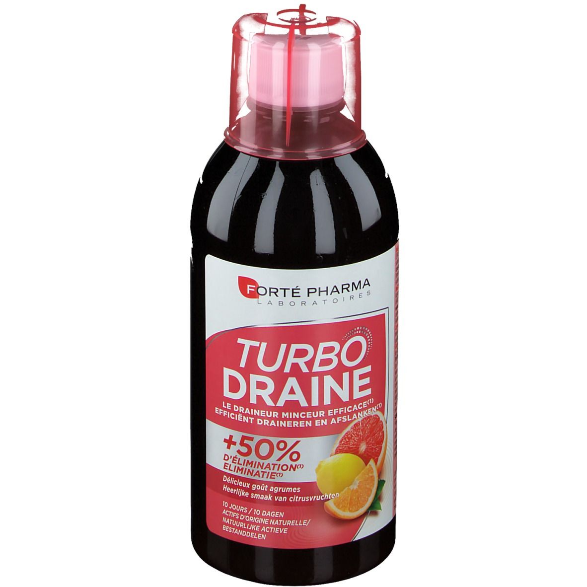 Fles FORTE PHARMA Turbodraine Agrumes. Roze dop. Etiket met productnaam en fruit.