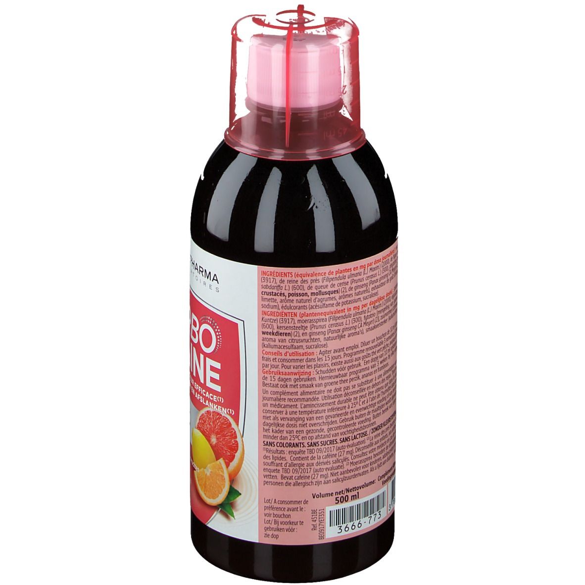 Fles FORTE PHARMA Turbodraine Agrumes. Achterkant met ingrediënten en info. 500 ml.