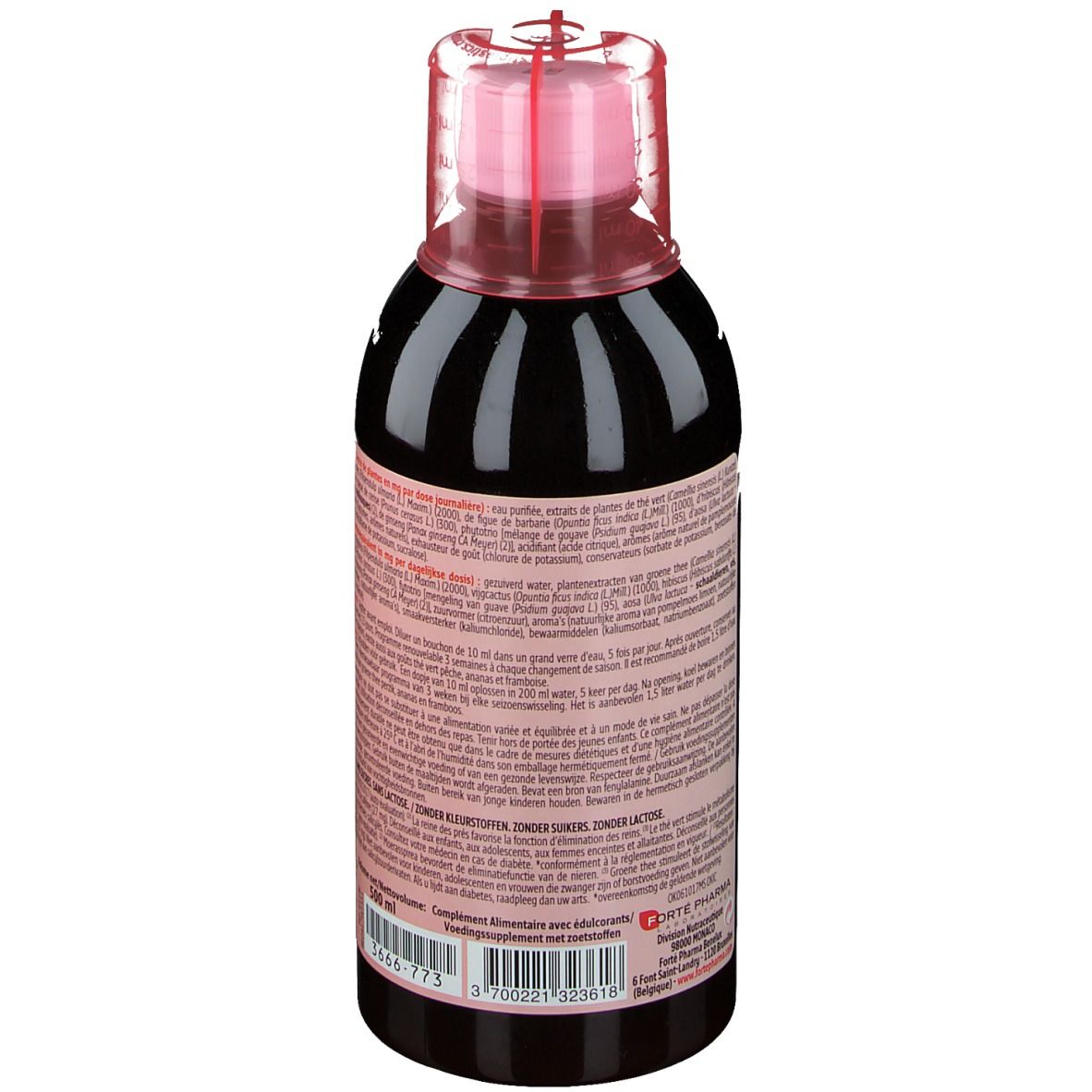Fles FORTE PHARMA Turbodraine Agrumes. Achterkant met informatie. 500 ml.