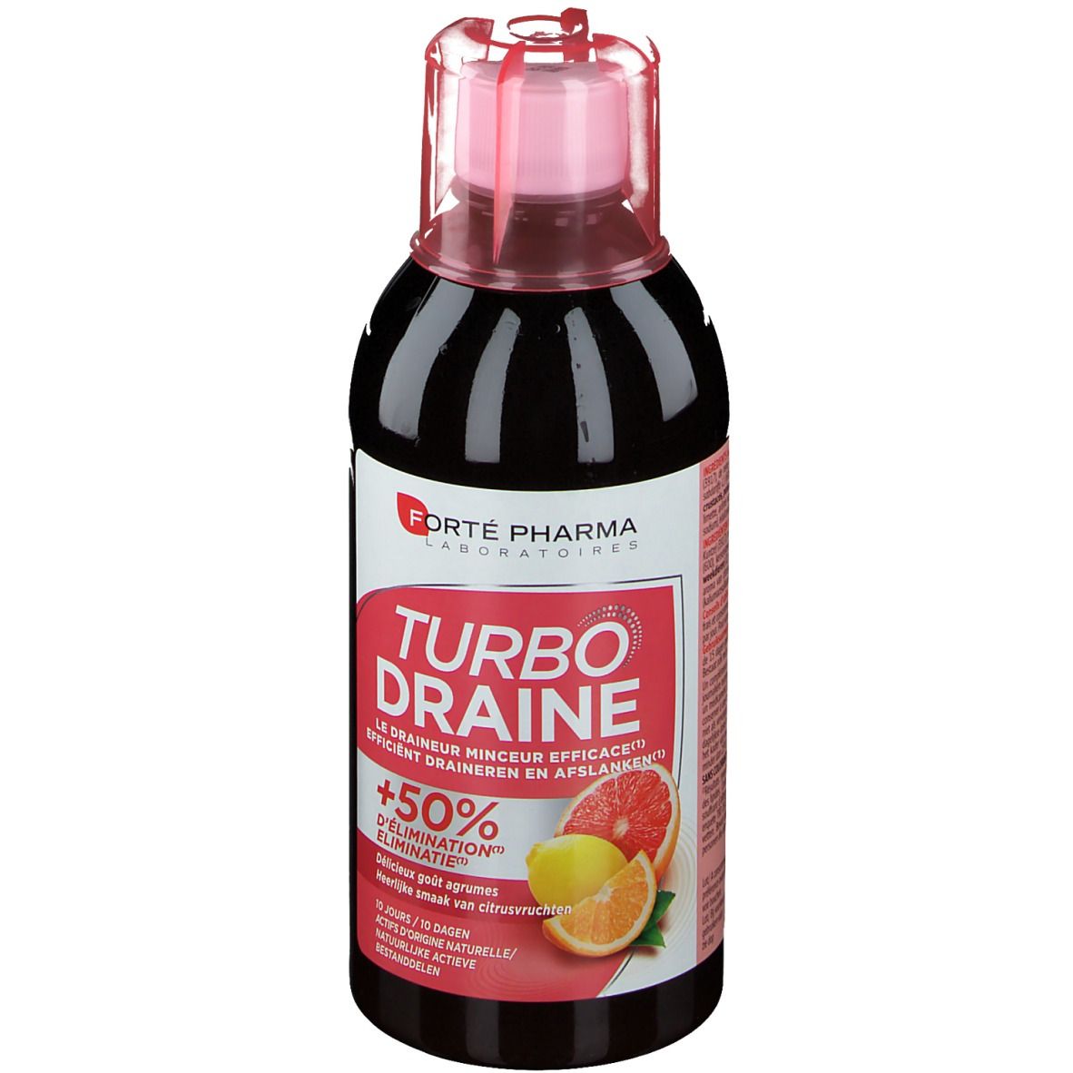 Fles FORTE PHARMA Turbodraine Agrumes. Roze dop. Etiket met productnaam en fruit.
