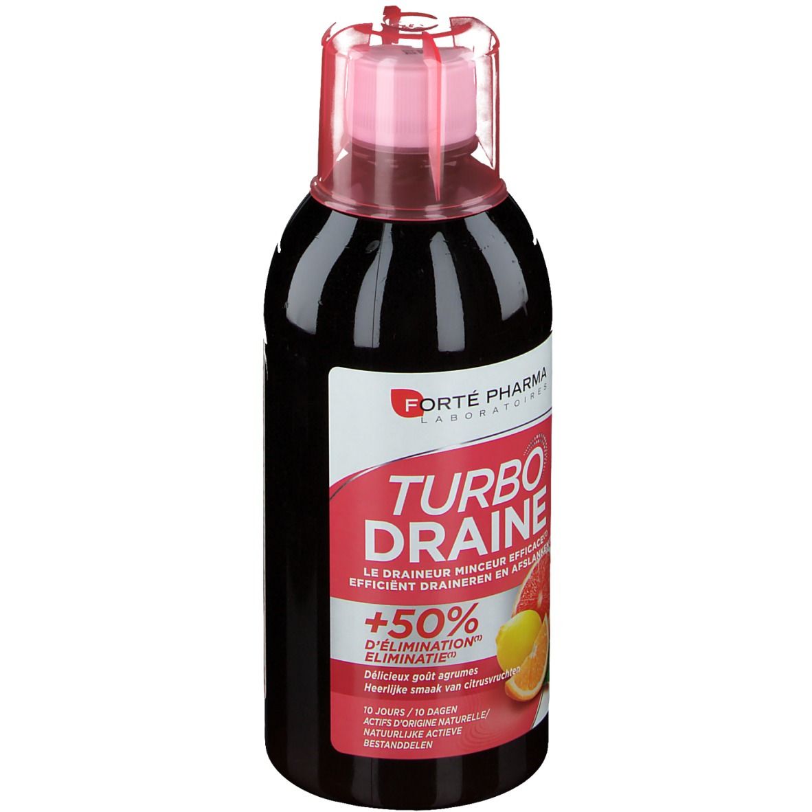 Fles FORTE PHARMA Turbodraine Agrumes. Roze dop. Etiket met productnaam en fruit.