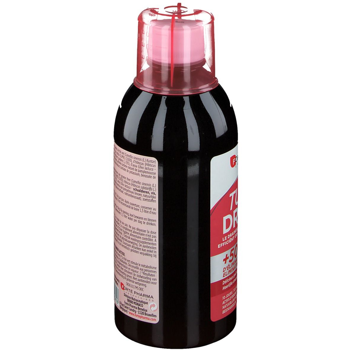Fles FORTE PHARMA Turbodraine Agrumes. Achterkant met informatie. 500 ml.