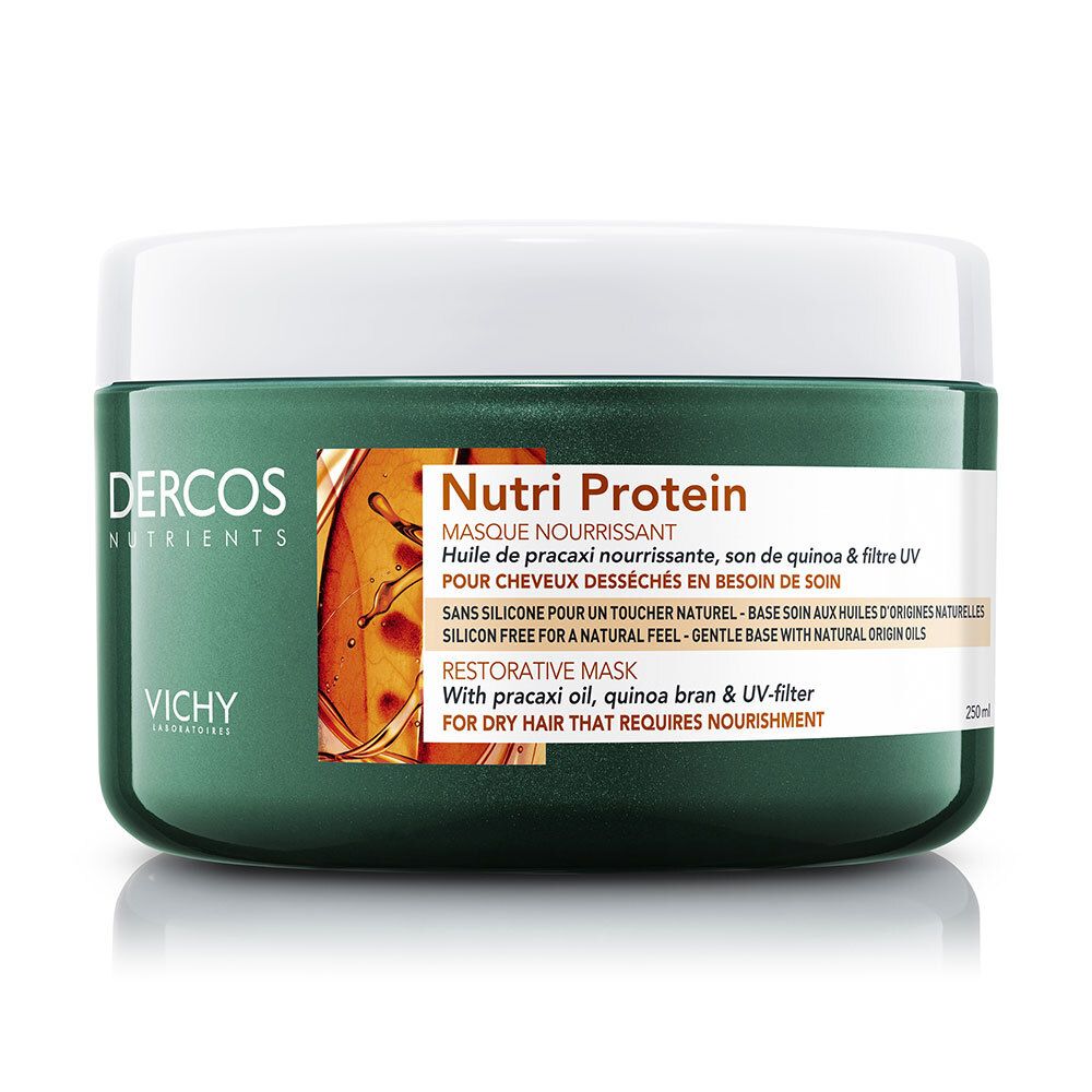 Groene pot met witte deksel. Opschrift: Dercos Nutri Protein Maske. Voor droog haar. Met pracaxi-olie, quinoa en UV-filter.