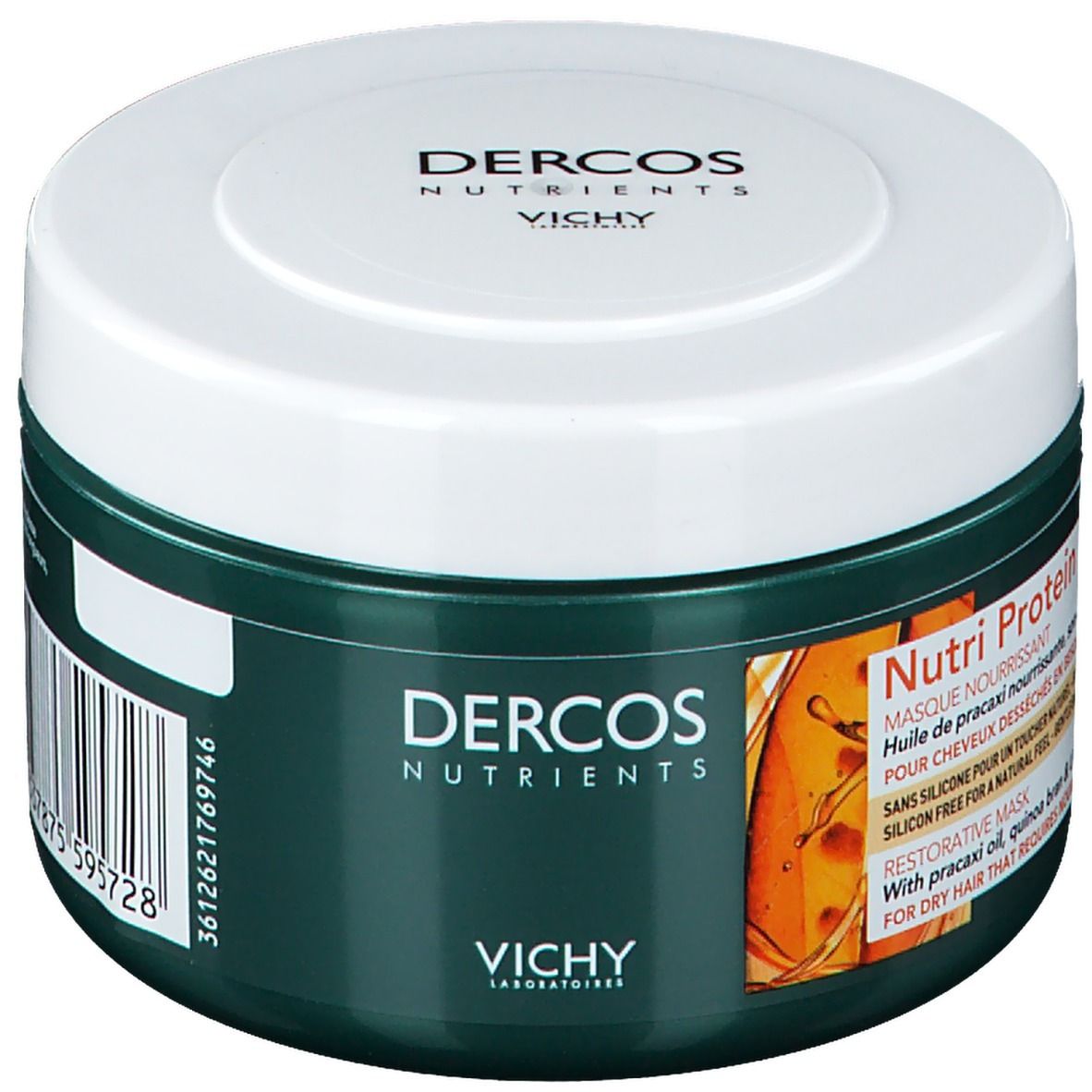Groene pot met witte deksel. Opschrift: Dercos Nutrients, Vichy. Product: Nutri Protein Maske. Met pracaxi-olie, quinoa en UV-filter.