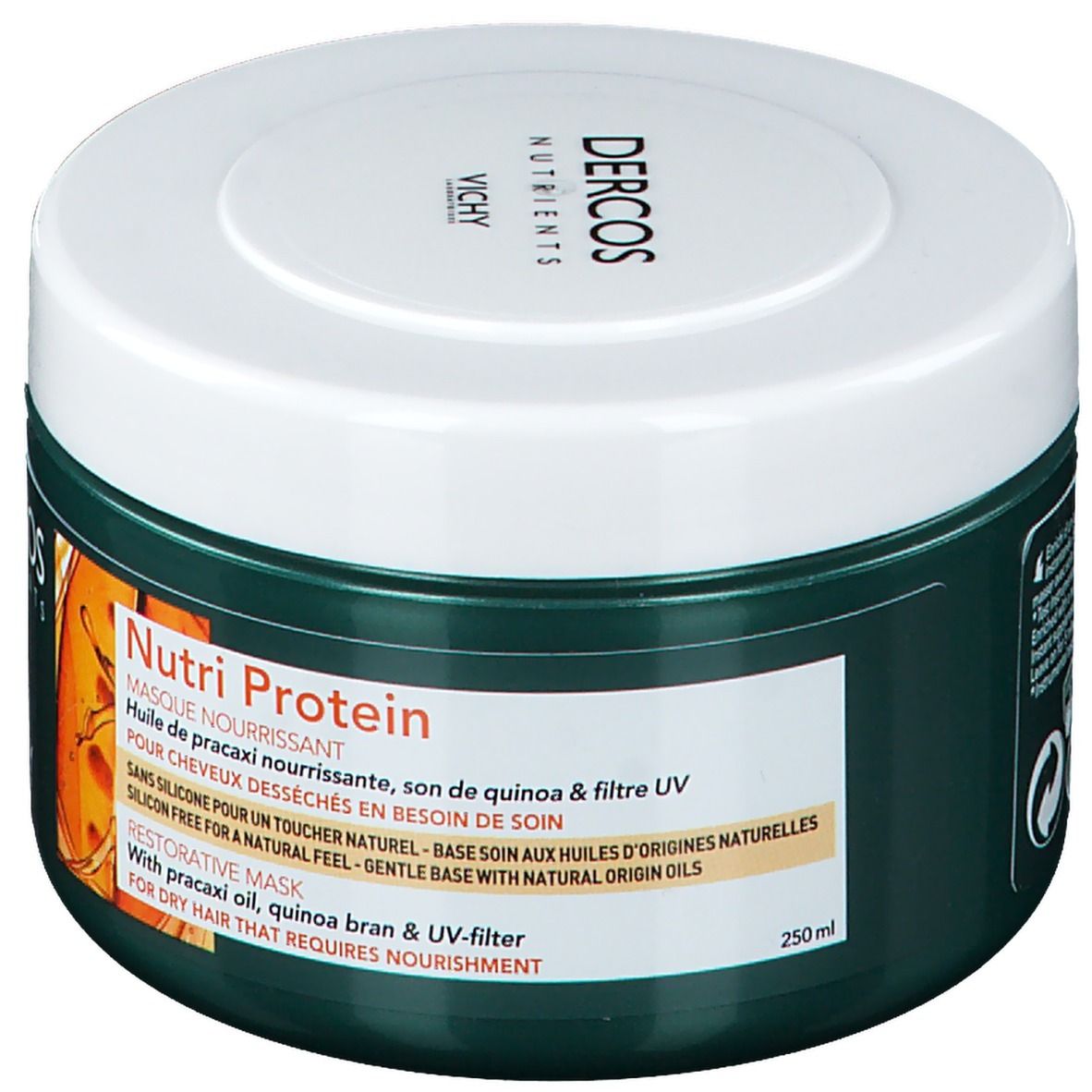 Groene pot met witte deksel. Opschrift: Dercos Nutrients, Vichy. Product: Nutri Protein Maske. 250ml.