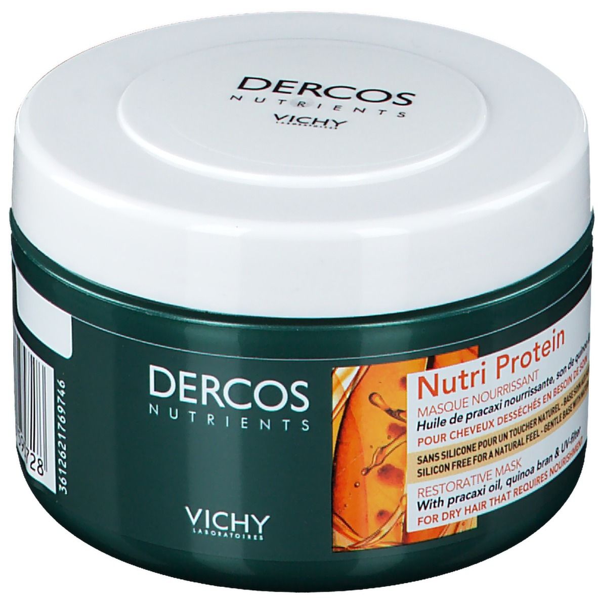 Groene pot met witte deksel. Opschrift: Dercos Nutrients, Vichy. Product: Nutri Protein Maske. 250ml.