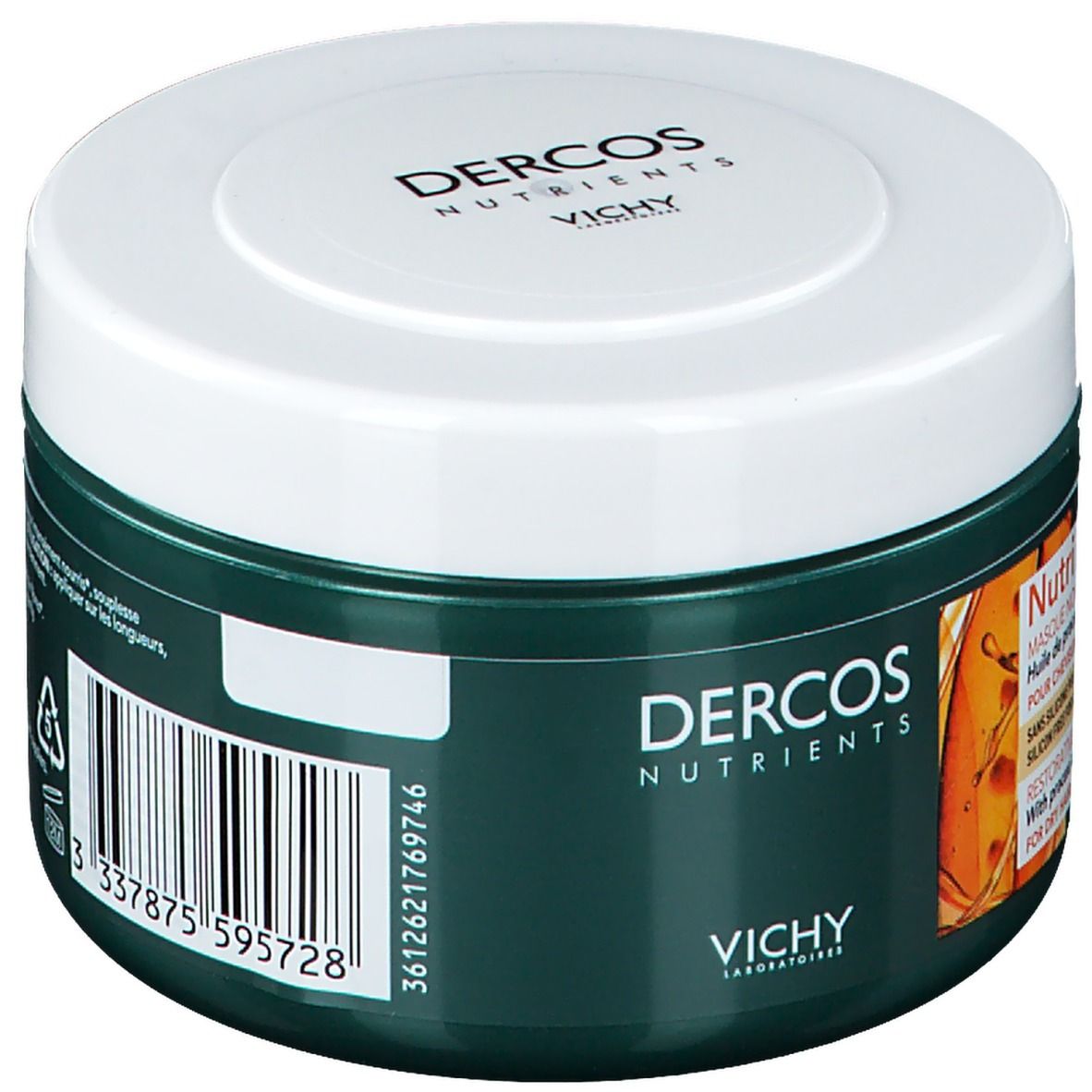 Achterkant van de pot. Barcode en tekst. Opschrift: Dercos Nutrients, Vichy. 250ml.