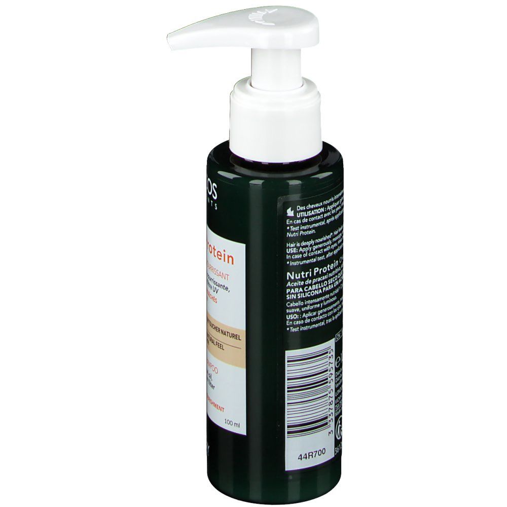 Flacon vert foncé avec pompe blanche. Vue latérale avec informations produit. Inscription: Nutri Protein. Contient huile de pracaxi, quinoa et filtre UV.