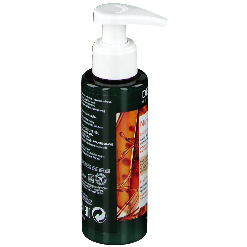 Flacon vert foncé avec pompe blanche. Vue latérale avec informations produit. Inscription: Nutri Protein. Contient huile de pracaxi, quinoa et filtre UV.