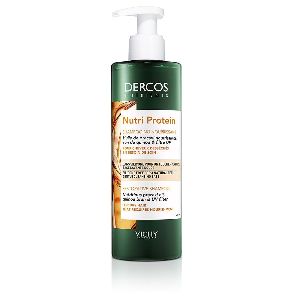 Flacon vert avec pompe blanche. Inscription: Dercos Nutrients, Nutri Protein Shampoo. Pour cheveux secs.