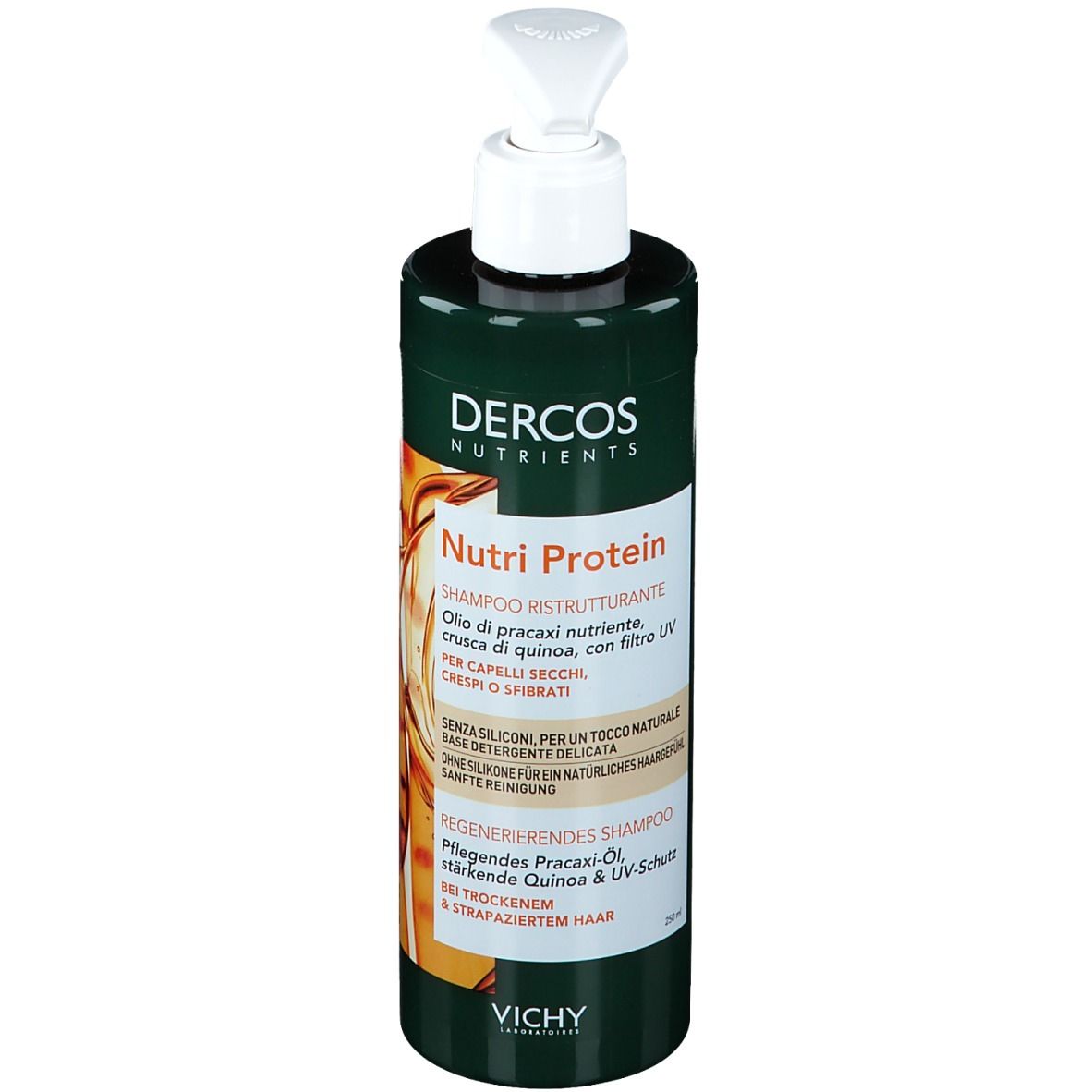 Flacon de shampooing vert avec pompe blanche. Inscription: Dercos Nutrients, Nutri Protein Shampoo. Pour cheveux secs.
