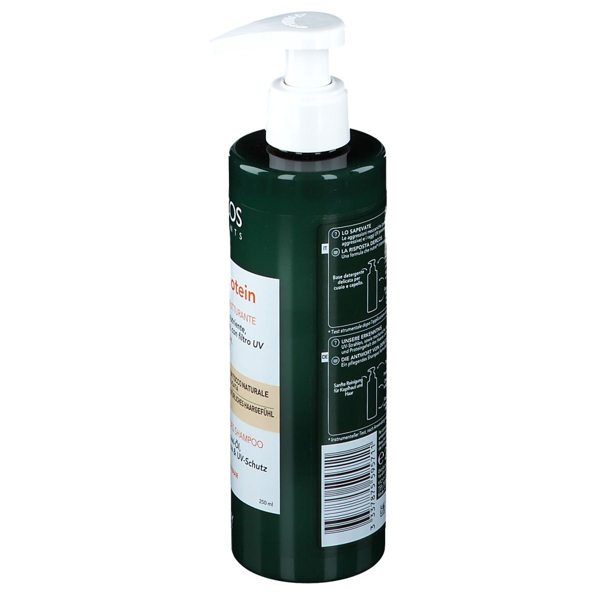 Dos du flacon de shampooing vert. Texte en plusieurs langues. Contient des informations sur le produit et ses ingrédients.