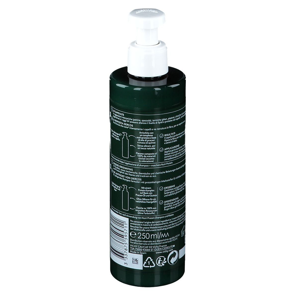 Dos du flacon de shampooing vert. Texte en plusieurs langues. Contient des informations sur le produit et ses ingrédients.