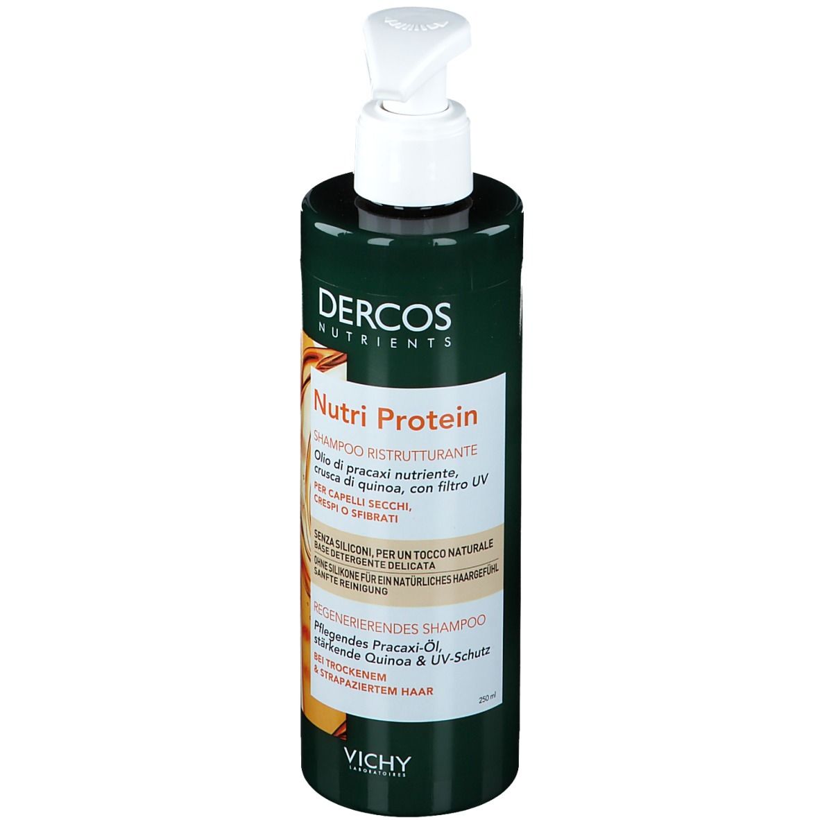 Flacon de shampooing vert avec pompe blanche. Inscription: Dercos Nutrients, Nutri Protein Shampoo. Pour cheveux secs.