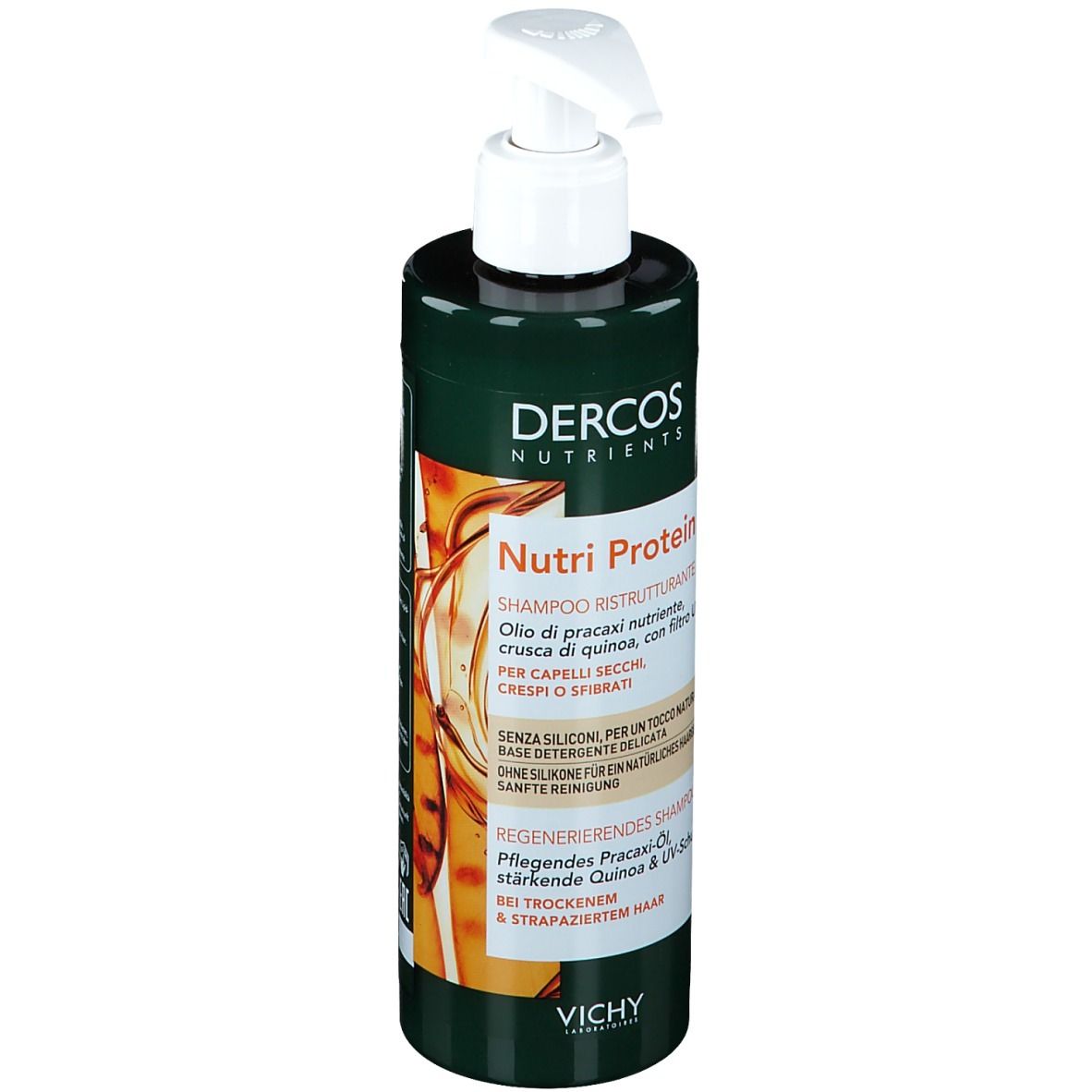 Flacon de shampooing vert avec pompe blanche. Inscription: Dercos Nutrients, Nutri Protein Shampoo. Pour cheveux secs.