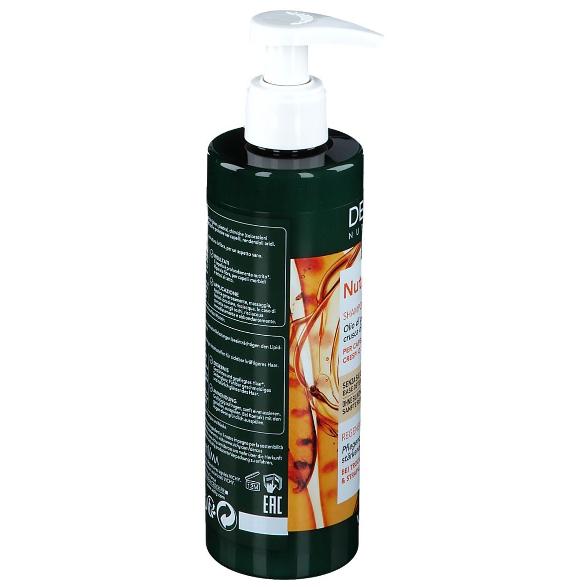 Côté du flacon de shampooing vert. Texte en plusieurs langues. Contient des informations sur le produit et ses ingrédients.