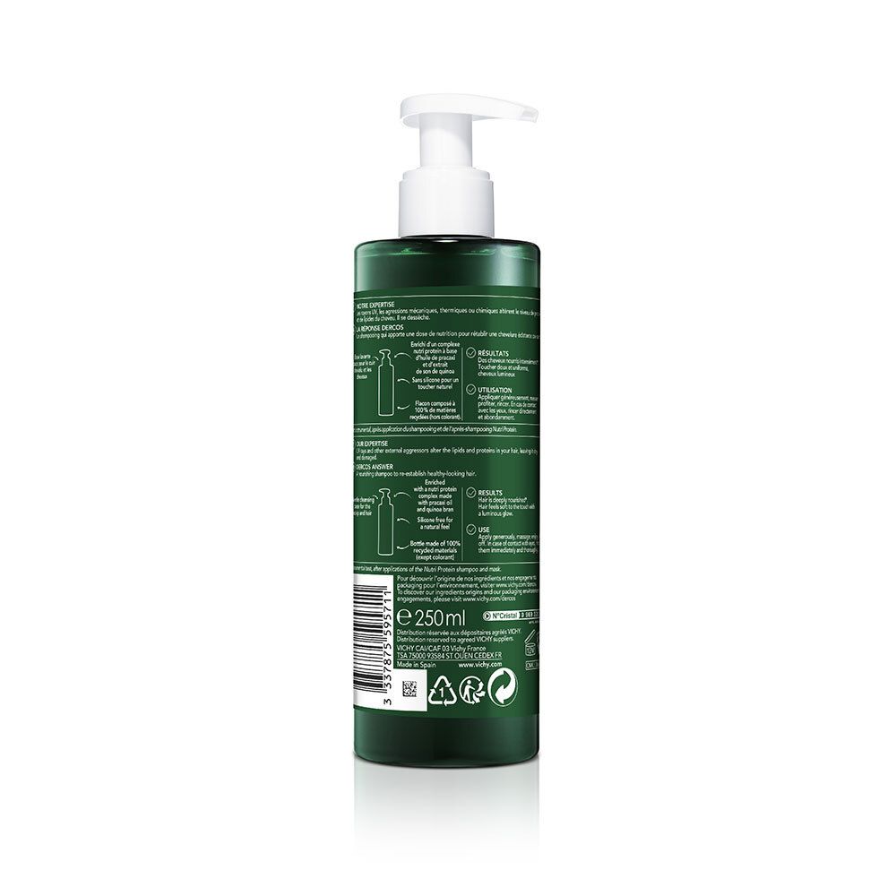 Dos du flacon de shampooing vert. Texte en plusieurs langues. Contient des informations sur le produit et ses ingrédients.