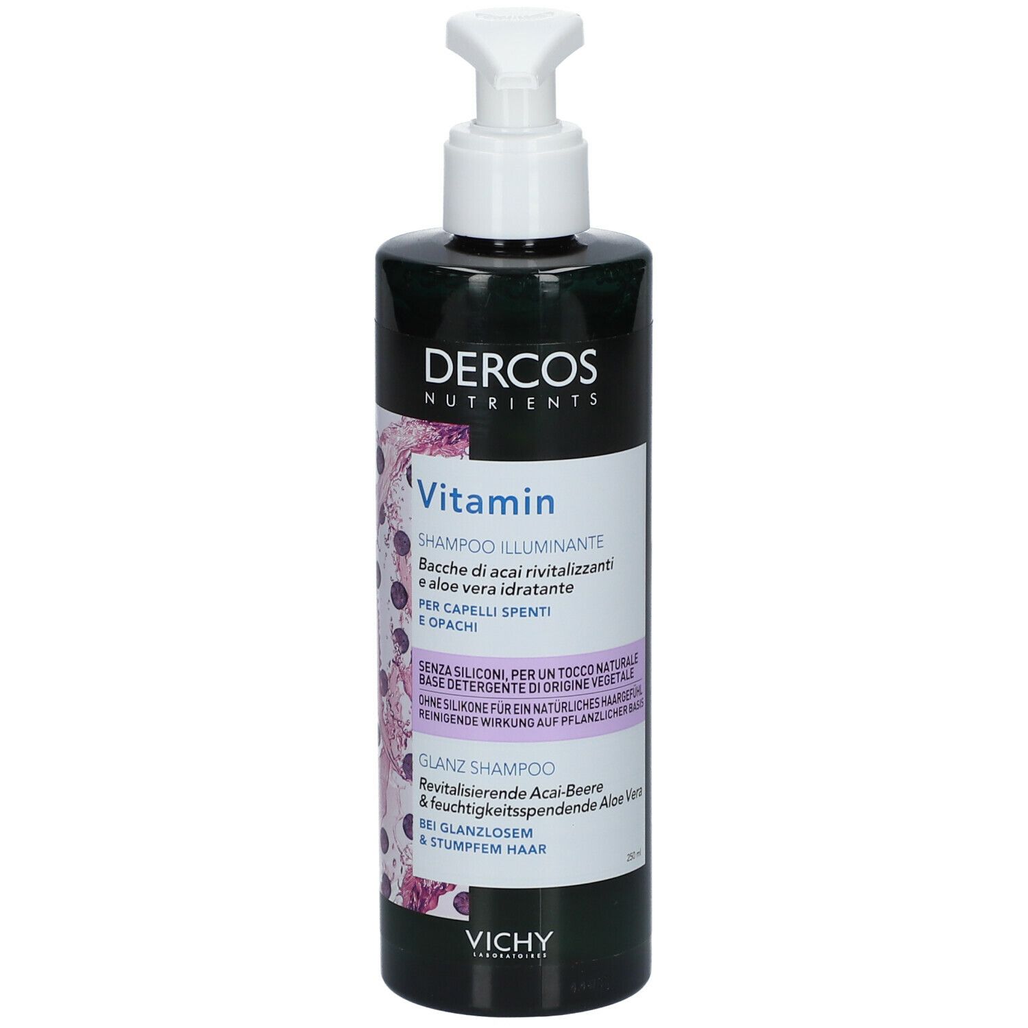 Groene fles met witte pomp. Opschrift: Dercos Nutrients Vitamin Shampoo. Vichy logo.