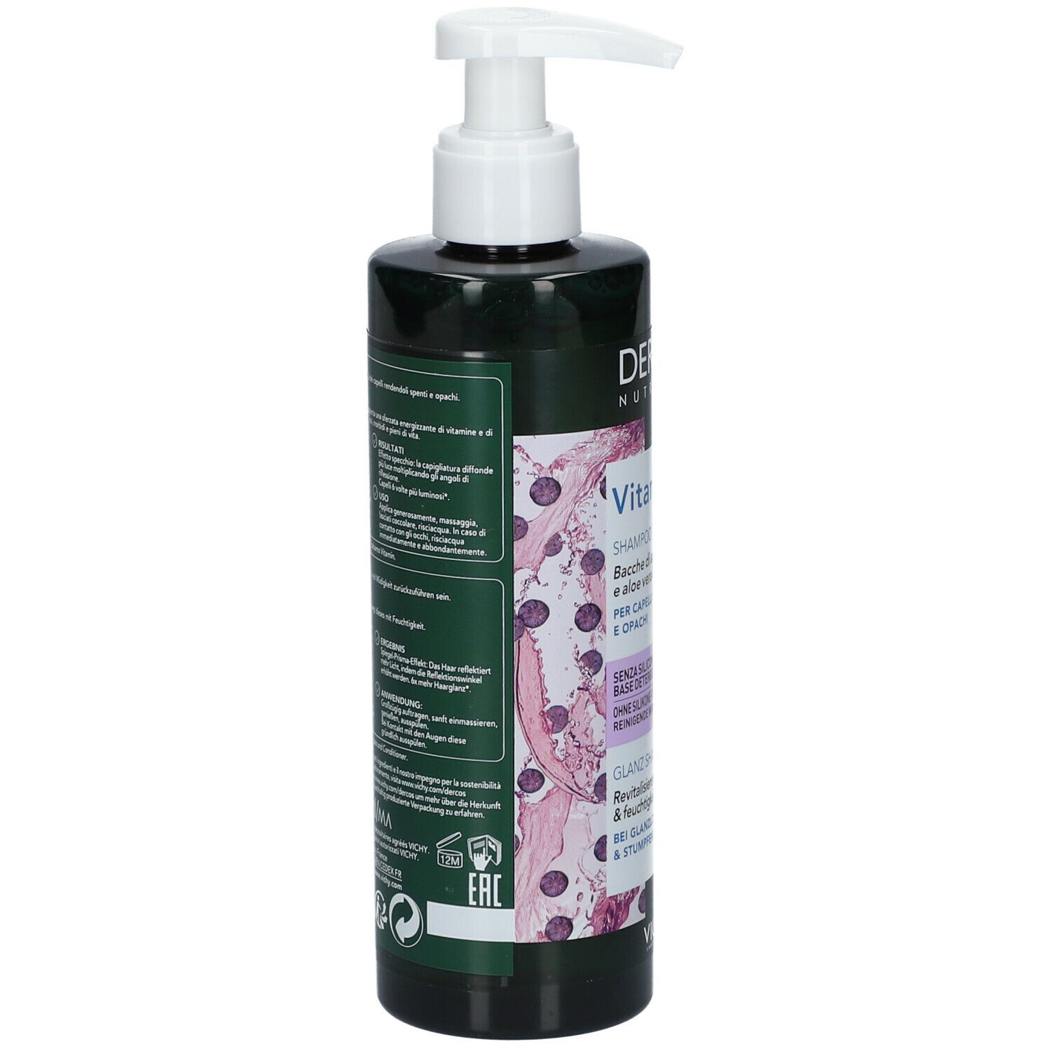 Achterkant van een groene shampoo fles. Opschrift: Dercos Nutrients Vitamin Shampoo. Tekst en logo's.