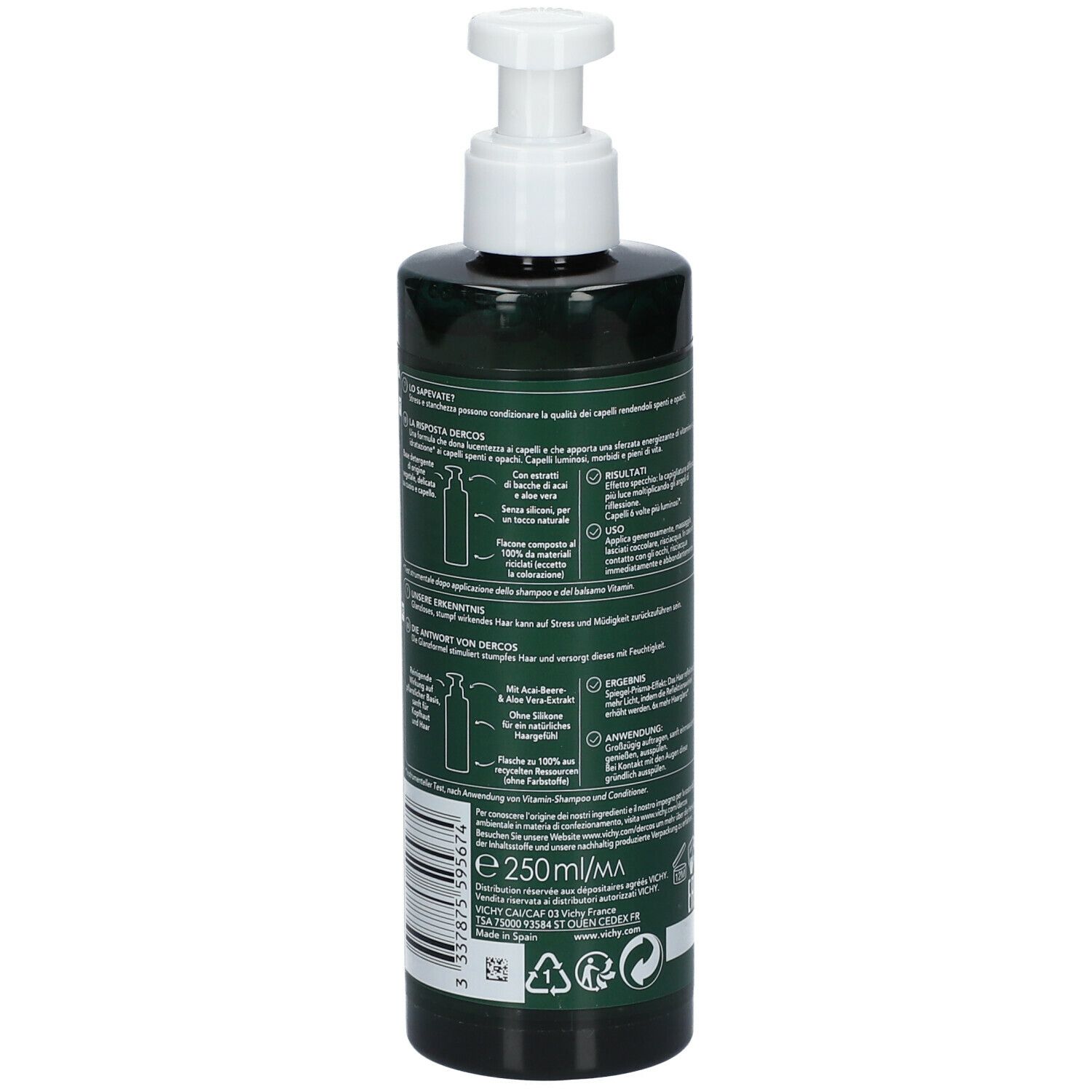 Achterkant van een groene shampoo fles. Tekst en logo's. EAN-code en volume-aanduiding 250 ml.