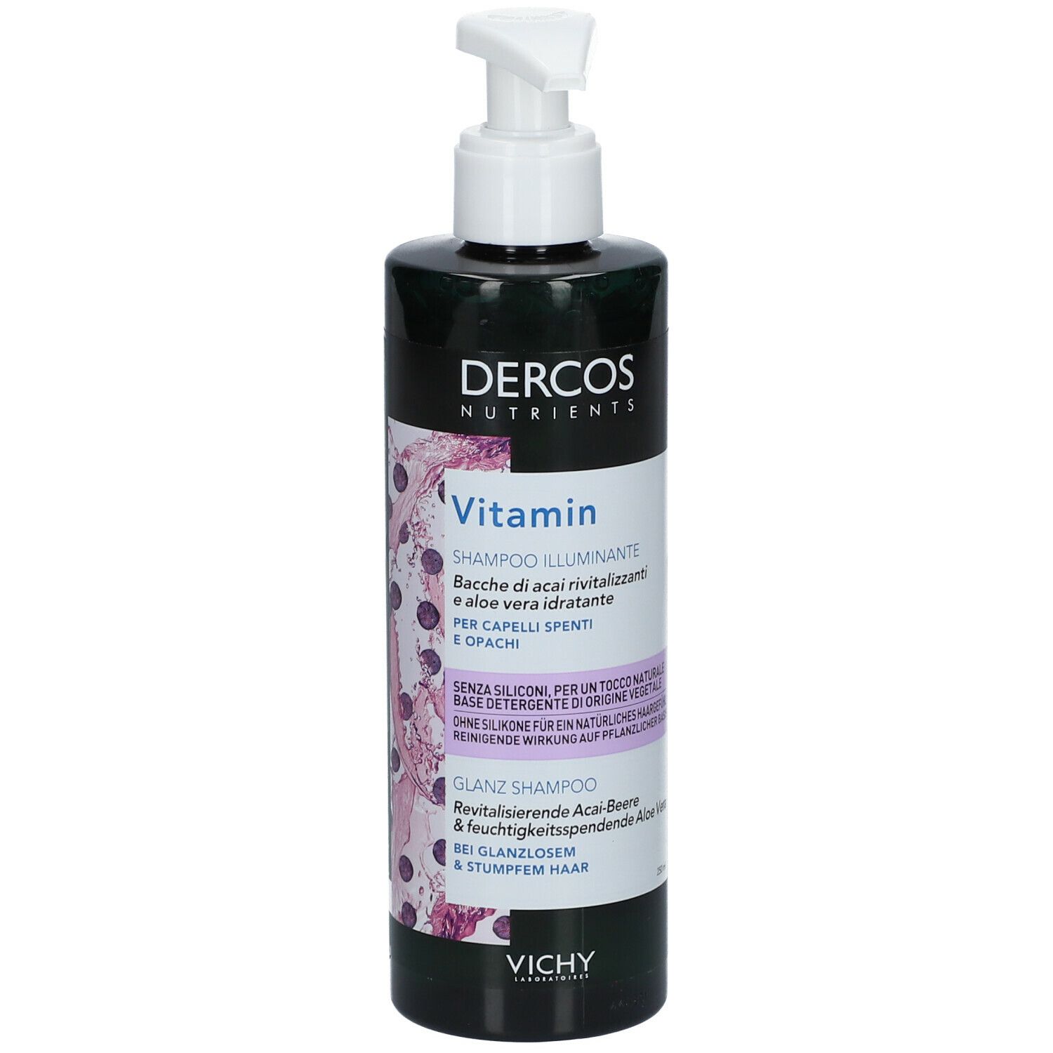 Groene shampoo fles met witte pomp. Opschrift: Dercos Nutrients Vitamin Shampoo. Vichy logo.