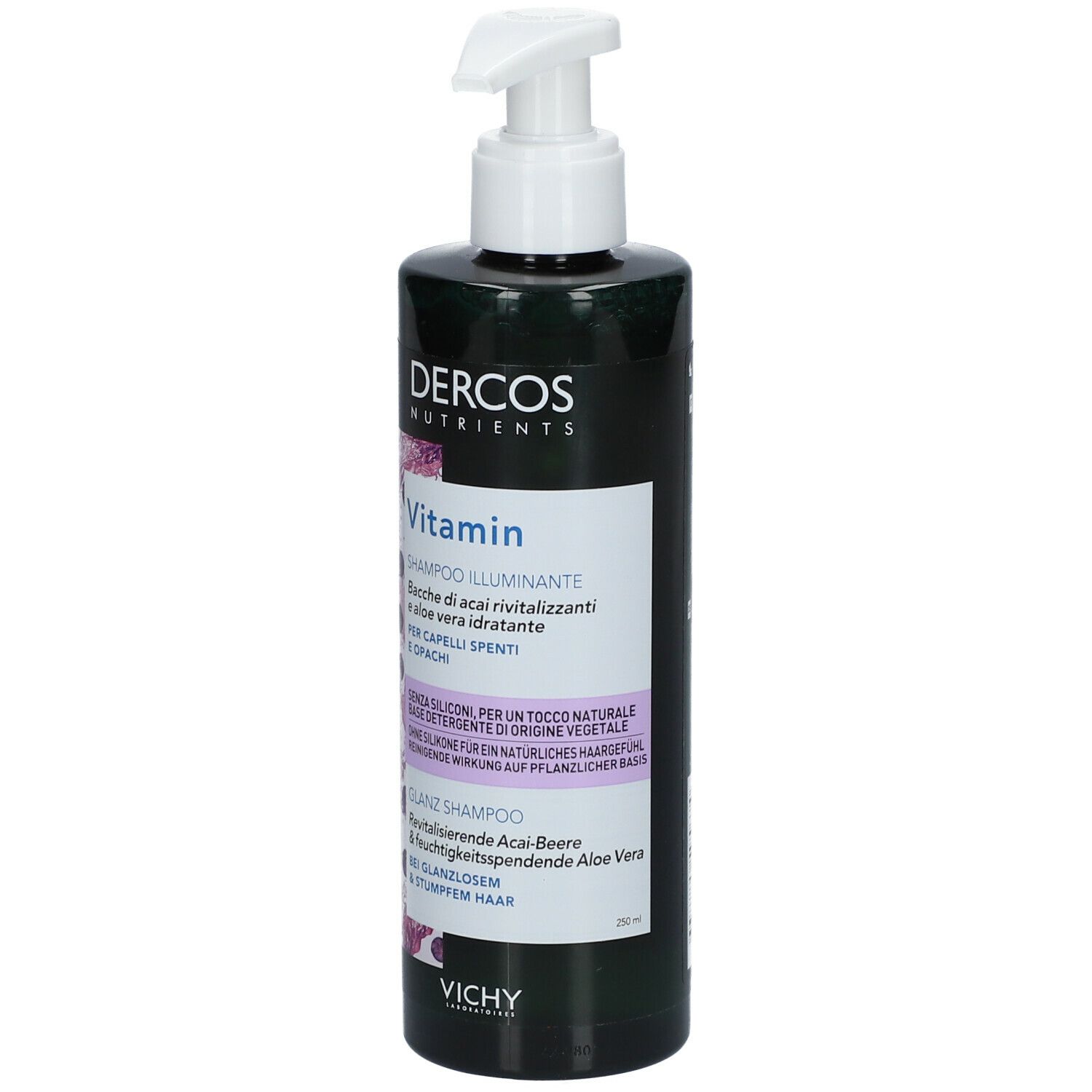 Groene shampoo fles met witte pomp. Opschrift: Dercos Nutrients Vitamin Shampoo. Vichy logo.