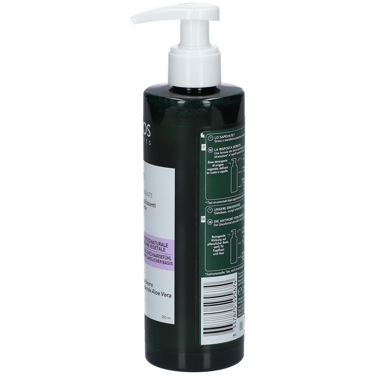 Achterkant van een groene shampoo fles. Tekst en logo's. Volume-aanduiding 250 ml.
